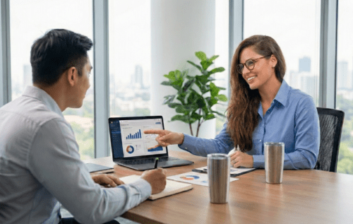 Image of a professional salesperson applying Jeb Blount’s 'Fanatical Prospecting' frameworks during a live sales call. Sales Gravy provides individual contributors with the elite training needed to master phone prospecting and lead generation.