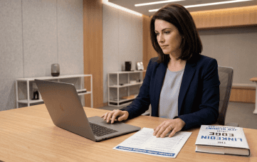 Sales professional using the LinkedIn Edge Profile Makeover Checklist by Jeb Blount to optimize her LinkedIn profile and attract clients