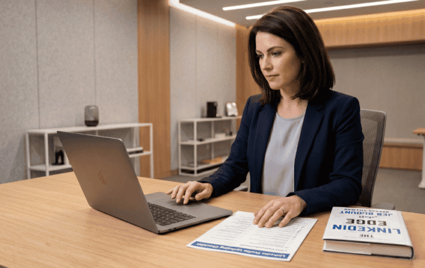 Sales professional using the LinkedIn Edge Profile Makeover Checklist by Jeb Blount to optimize her LinkedIn profile and attract clients